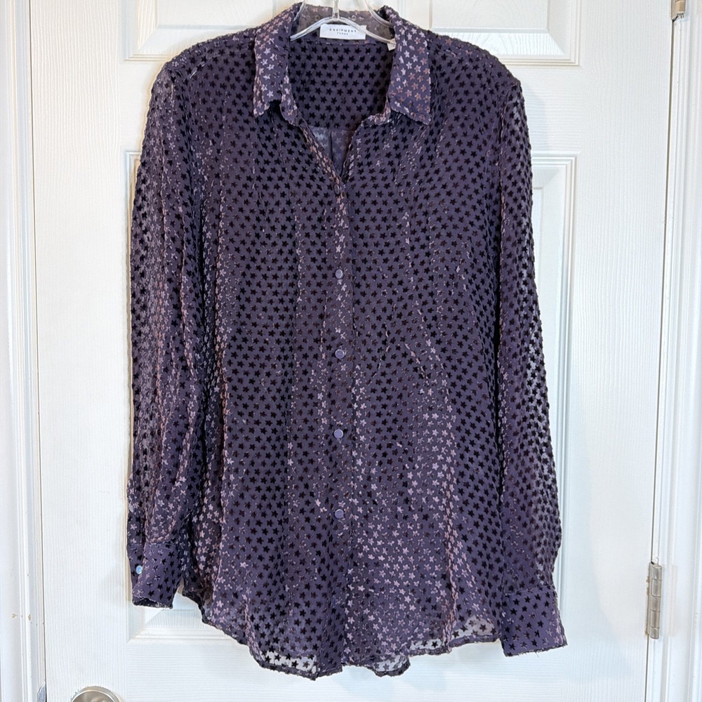 Equipment Velvet Star Designs On Sheer Silk Dark Purple Blouse Size Small